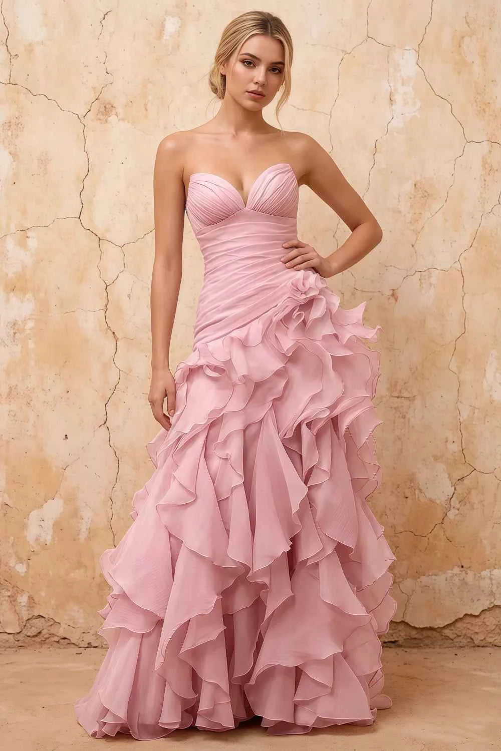 Judith Pink Sheer Mermaid Ruffle Maxi Dress