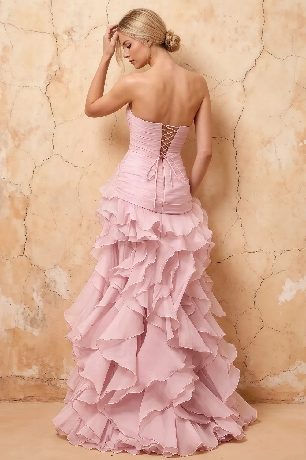 Judith Pink Sheer Mermaid Ruffle Maxi Dress