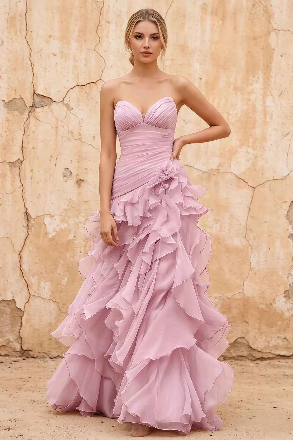 Judith Pink Sheer Mermaid Ruffle Maxi Dress
