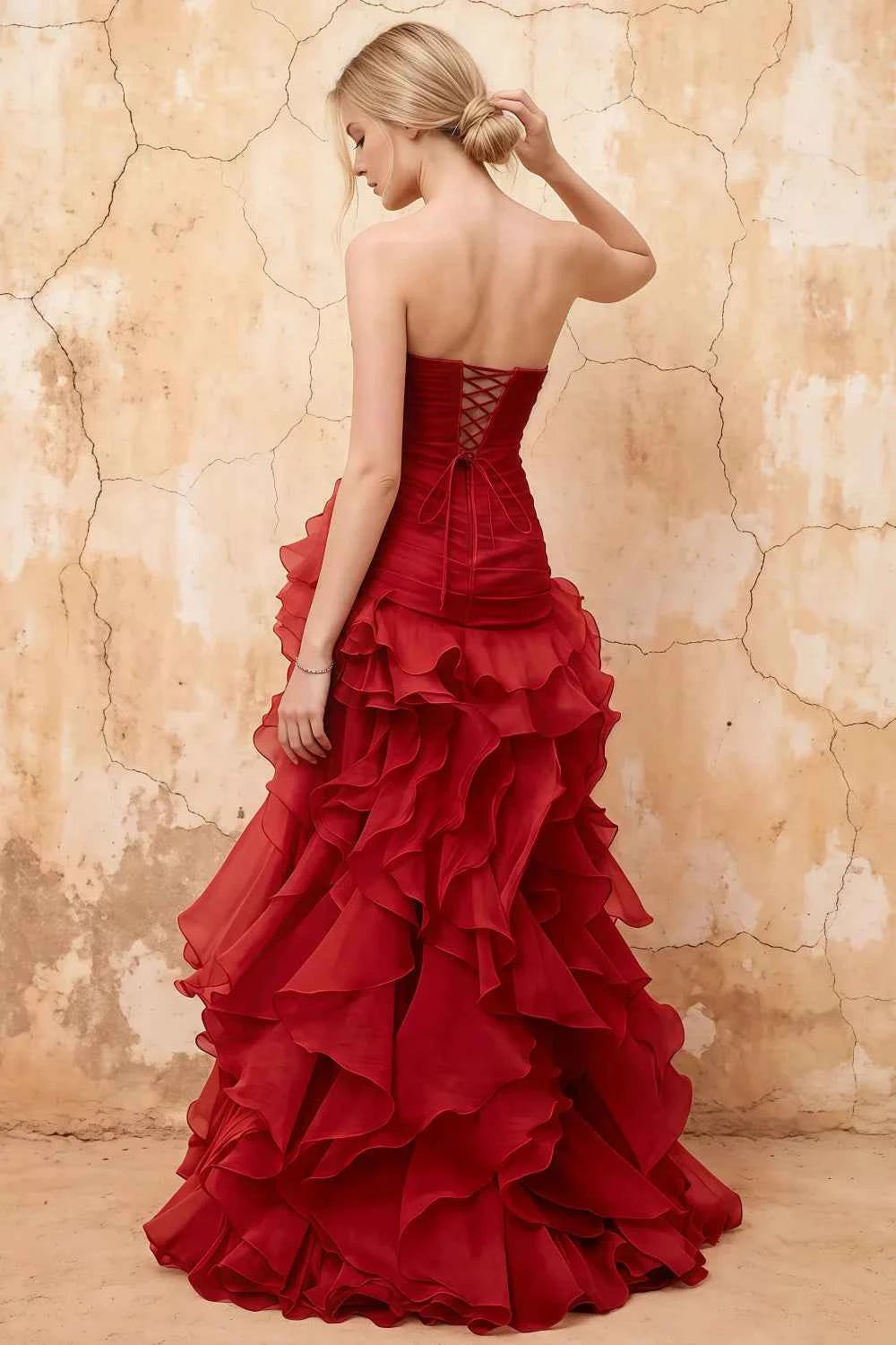 Judith Red Sheer Mermaid Ruffle Maxi Dress