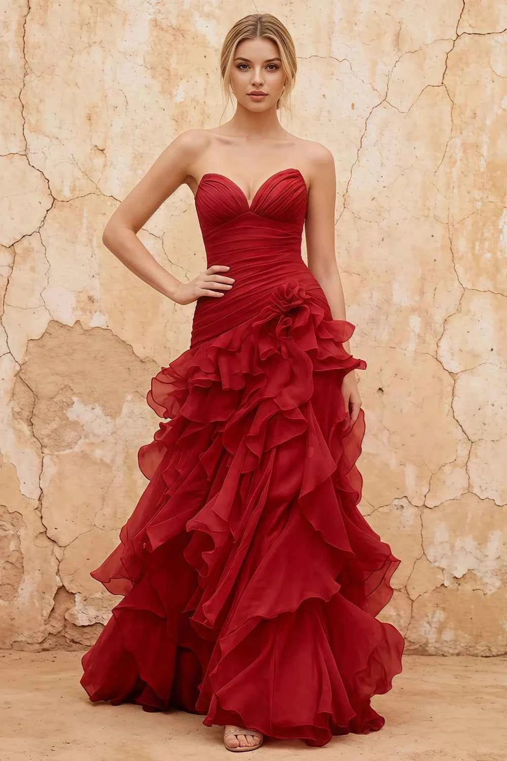 Judith Red Sheer Mermaid Ruffle Maxi Dress