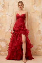 Judith Red Sheer Mermaid Ruffle Maxi Dress