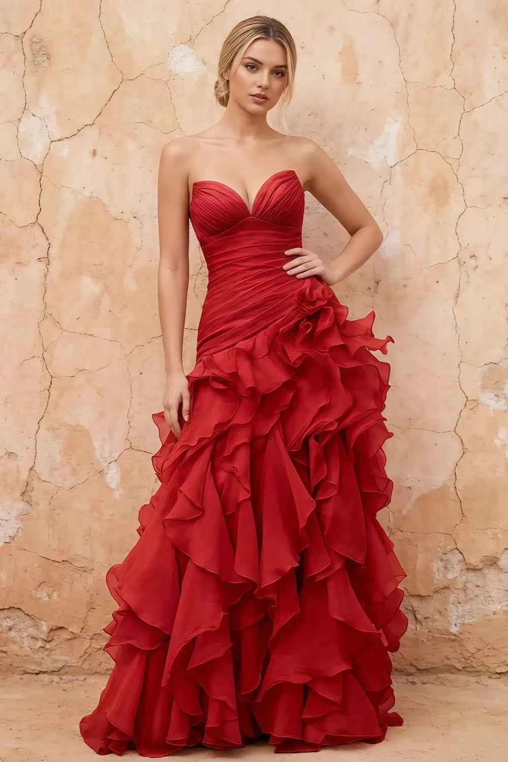 Judith Red Sheer Mermaid Ruffle Maxi Dress