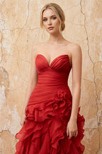 Judith Red Sheer Mermaid Ruffle Maxi Dress