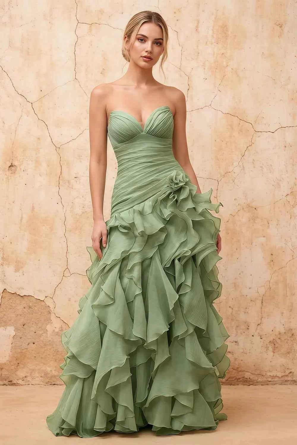 Judith Sage Green Sheer Mermaid Ruffle Maxi Dress