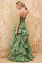 Judith Sage Green Sheer Mermaid Ruffle Maxi Dress