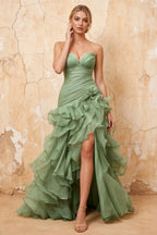 Judith Sage Green Sheer Mermaid Ruffle Maxi Dress