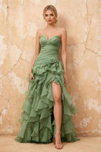 Judith Sage Green Sheer Mermaid Ruffle Maxi Dress