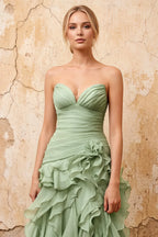 Judith Sage Green Sheer Mermaid Ruffle Maxi Dress