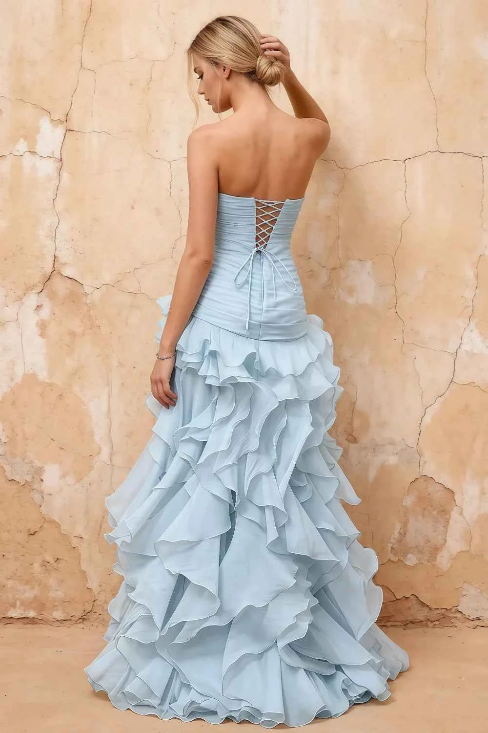 Judith Sky Blue Sheer Mermaid Ruffle Maxi Dress