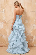 Judith Sky Blue Sheer Mermaid Ruffle Maxi Dress