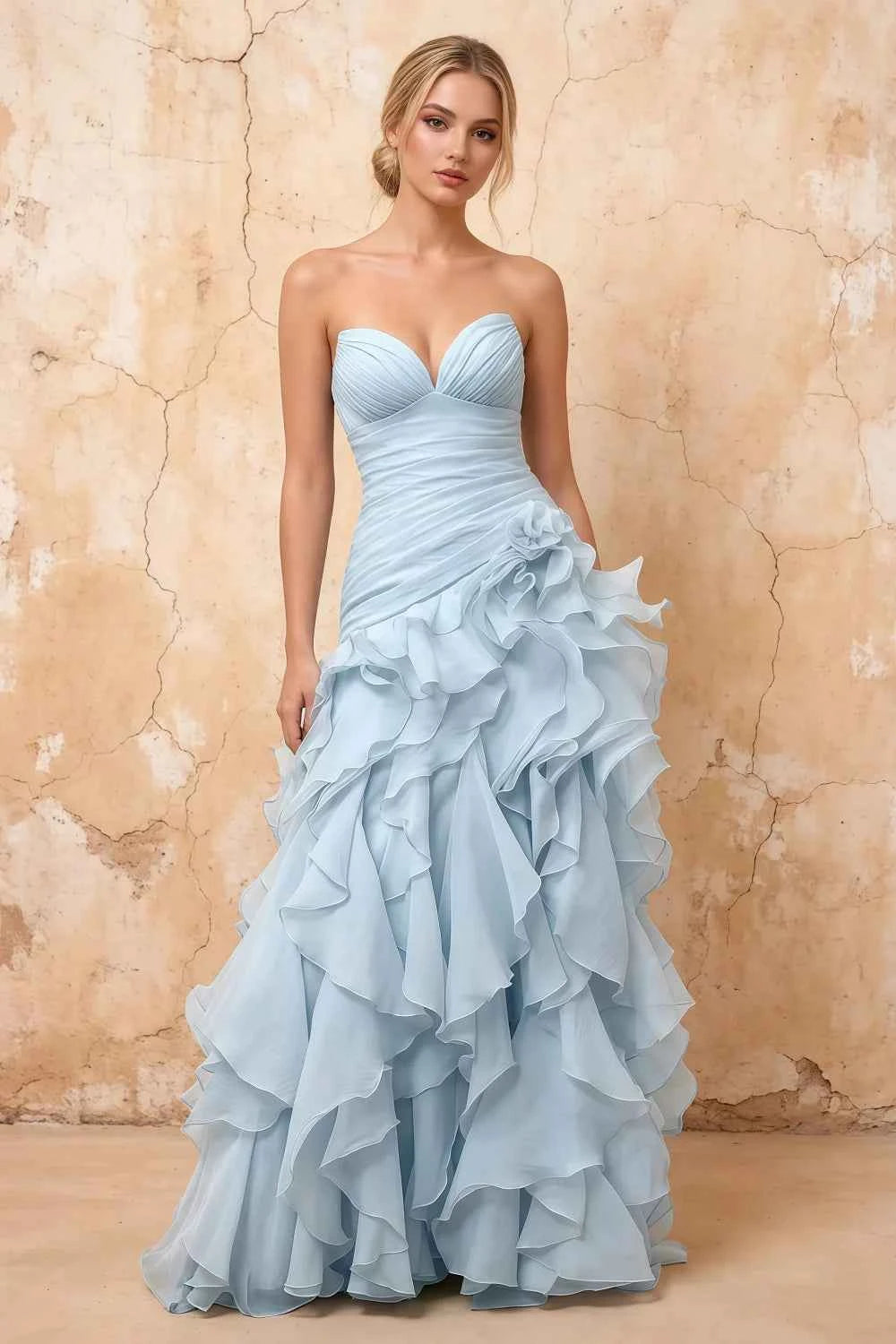 Judith Sky Blue Sheer Mermaid Ruffle Maxi Dress