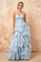 Judith Sky Blue Sheer Mermaid Ruffle Maxi Dress