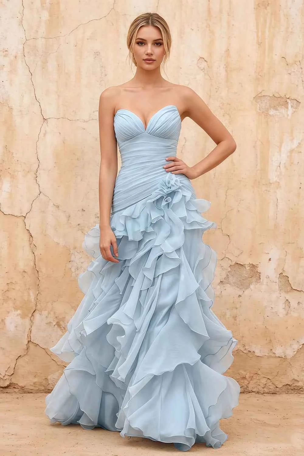 Judith Sky Blue Sheer Mermaid Ruffle Maxi Dress