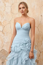 Judith Sky Blue Sheer Mermaid Ruffle Maxi Dress
