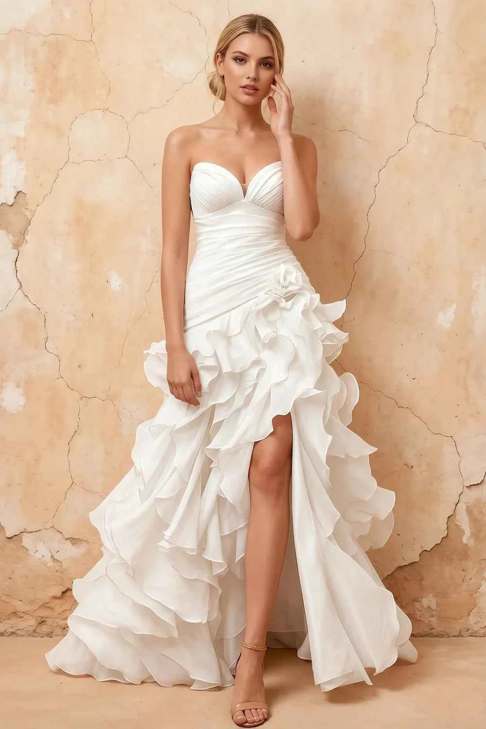 Judith White Sheer Mermaid Ruffle Maxi Dress