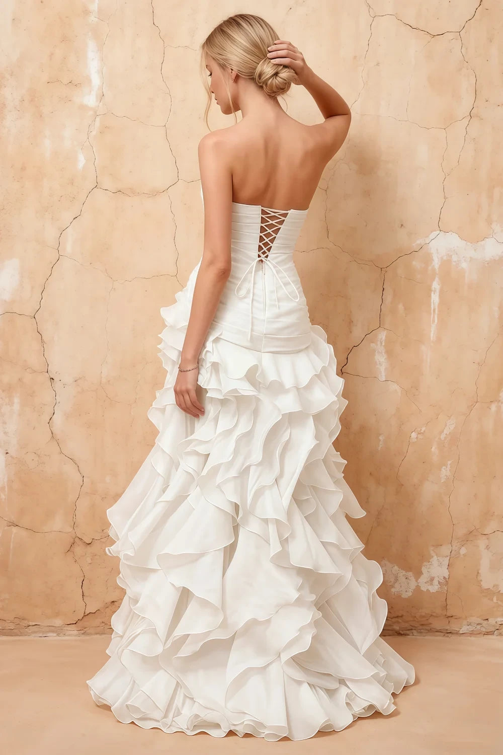 Judith White Sheer Mermaid Ruffle Maxi Dress