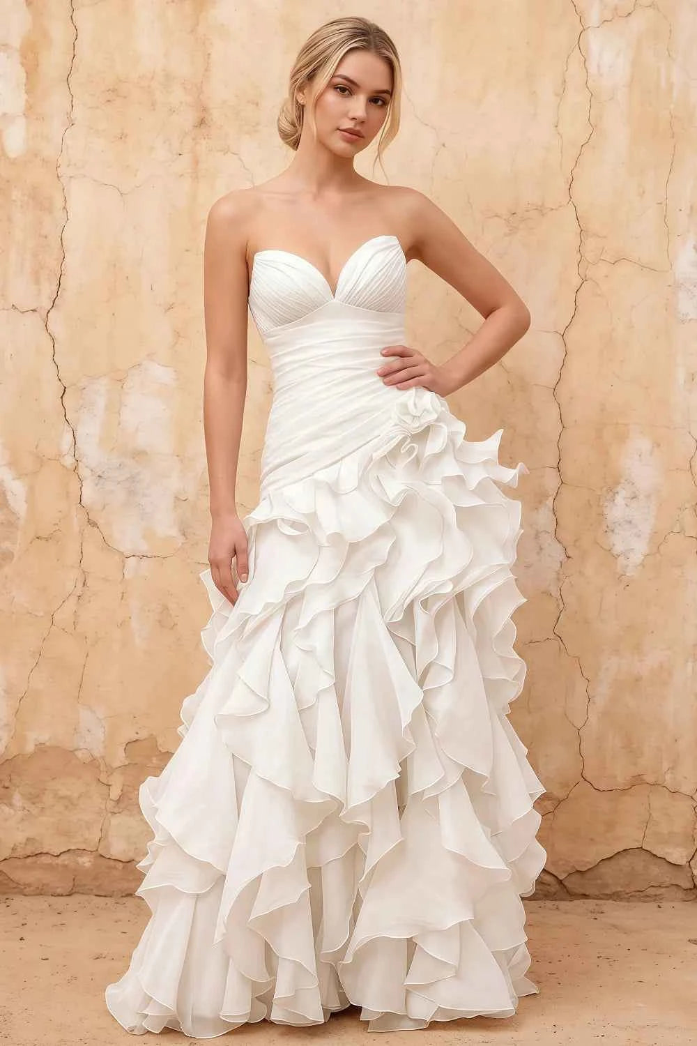 Judith White Sheer Mermaid Ruffle Maxi Dress