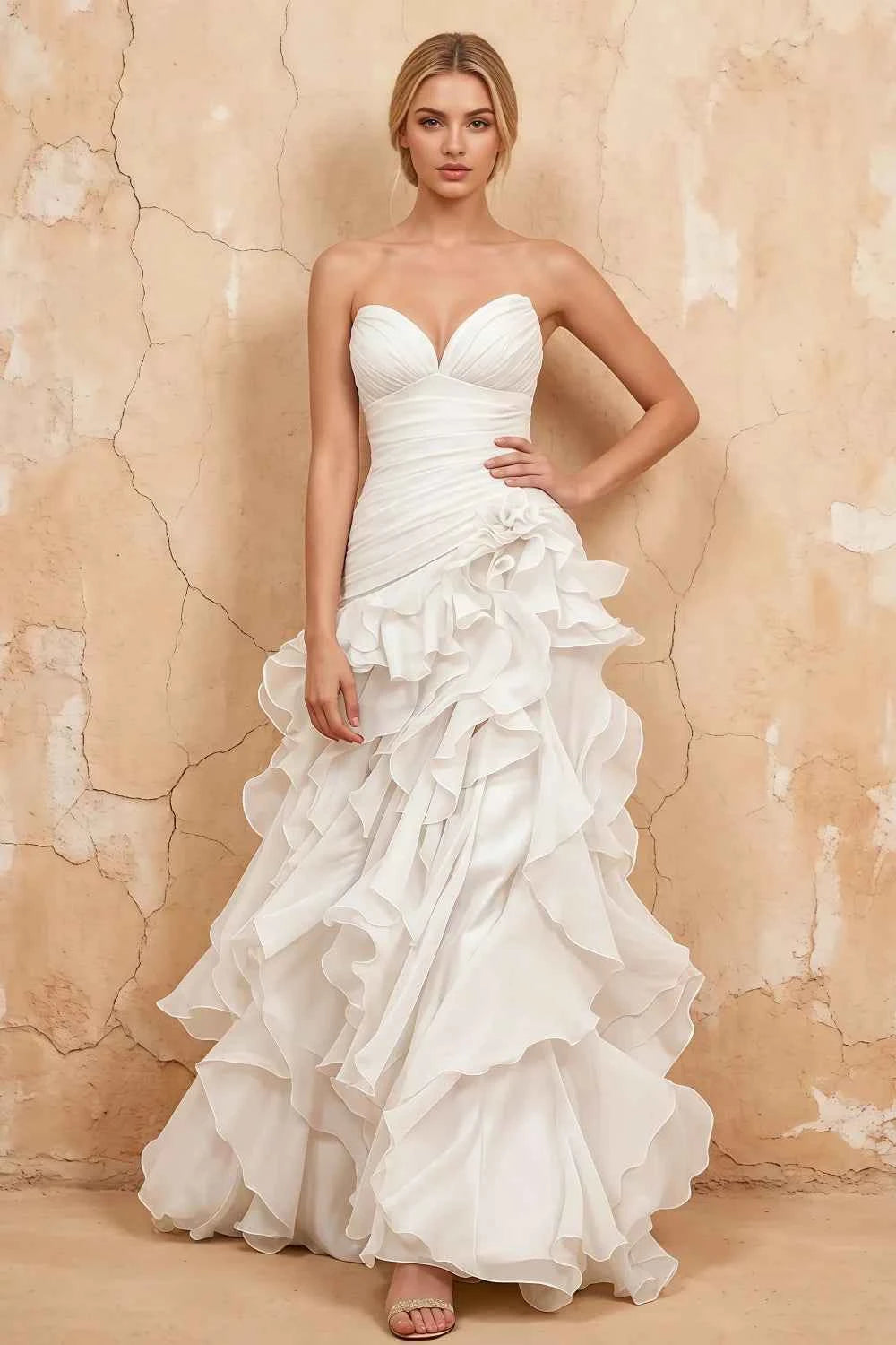Judith White Sheer Mermaid Ruffle Maxi Dress