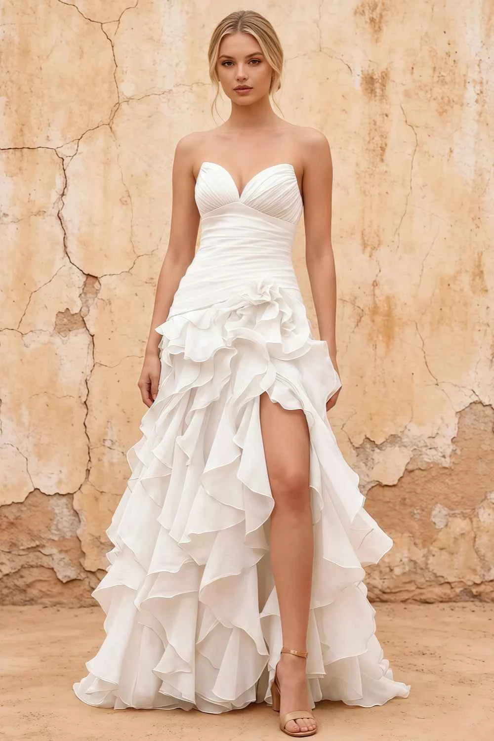 Judith White Sheer Mermaid Ruffle Maxi Dress