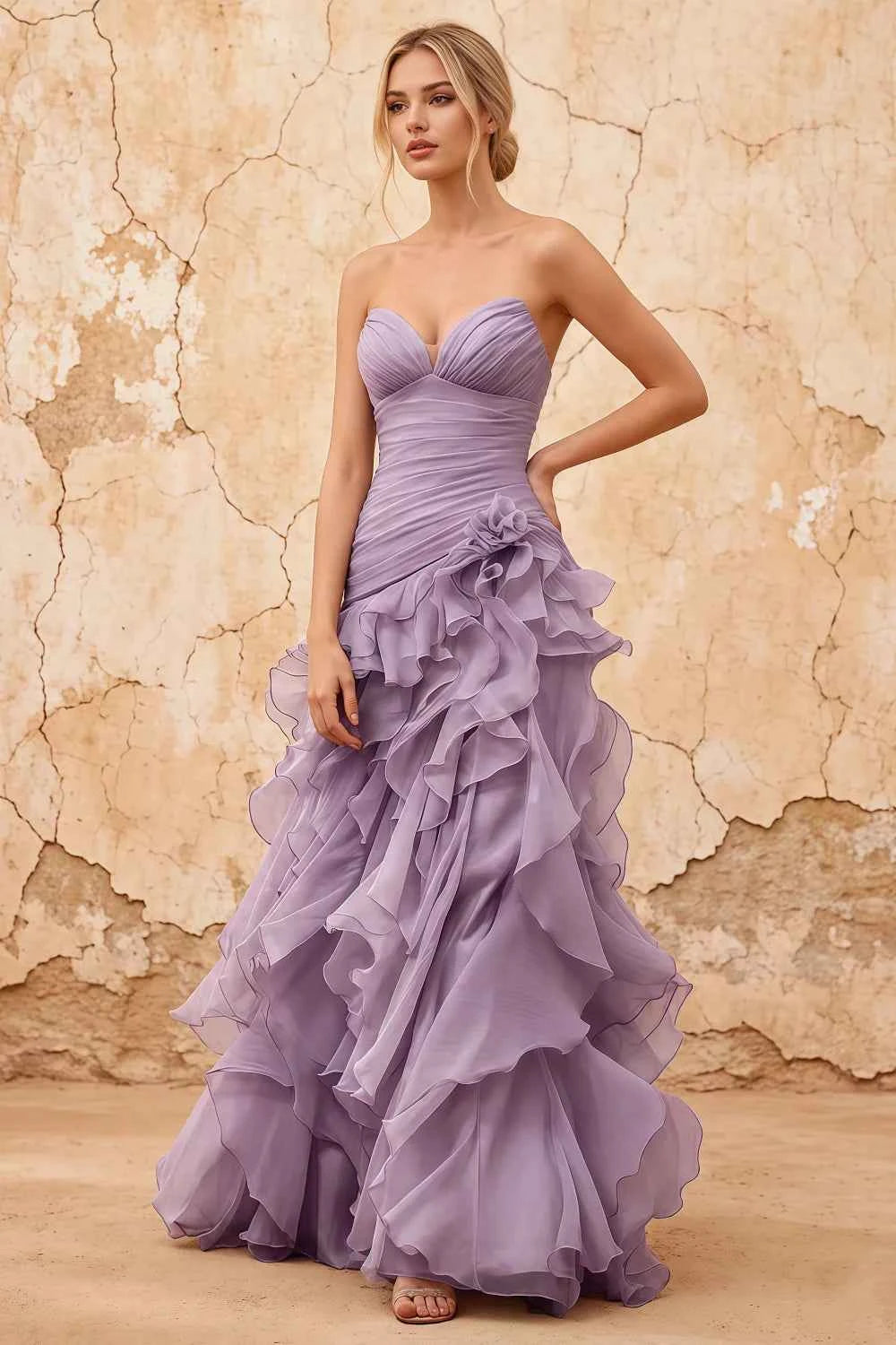 Judith Wisteria Sheer Mermaid Ruffle Maxi Dress
