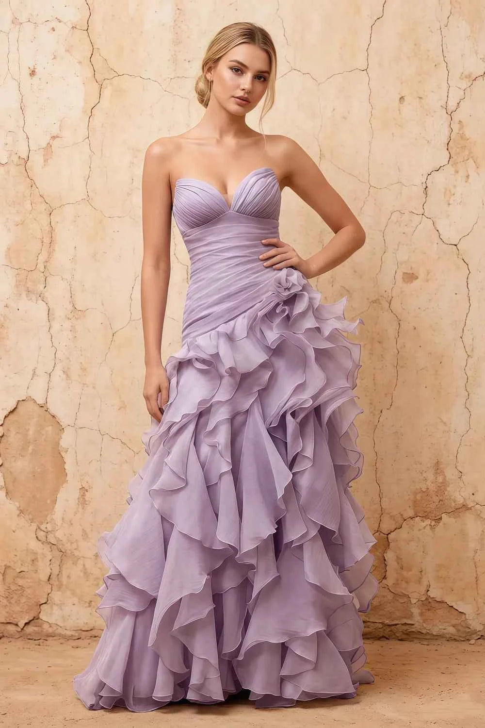 Judith Wisteria Sheer Mermaid Ruffle Maxi Dress