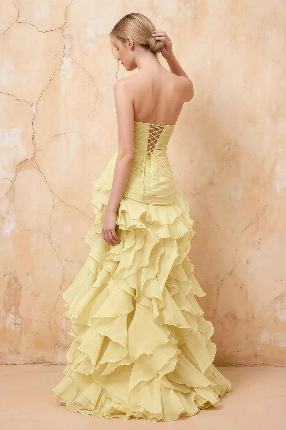 Judith Yellow Sheer Mermaid Ruffle Maxi Dress