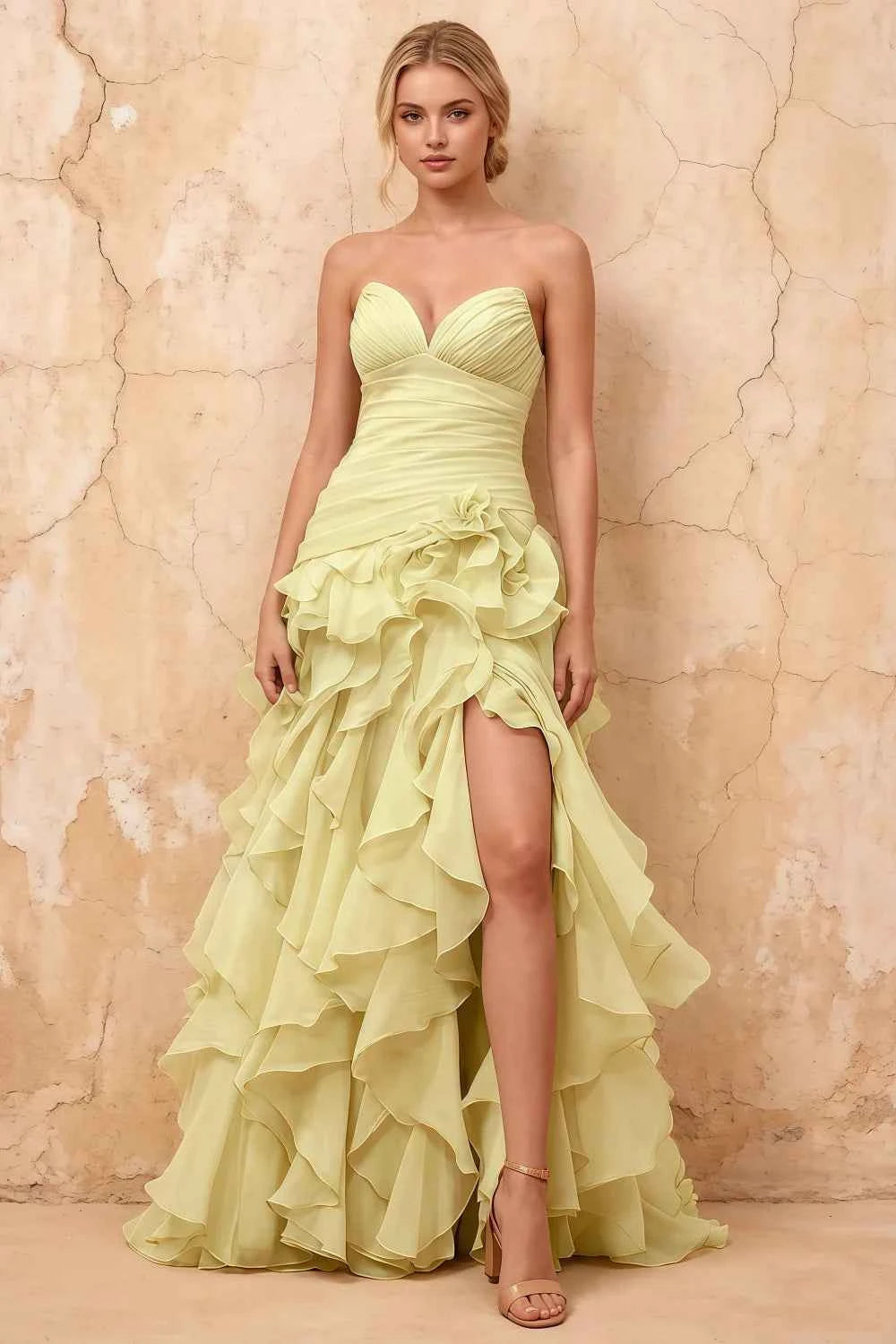 Judith Yellow Sheer Mermaid Ruffle Maxi Dress