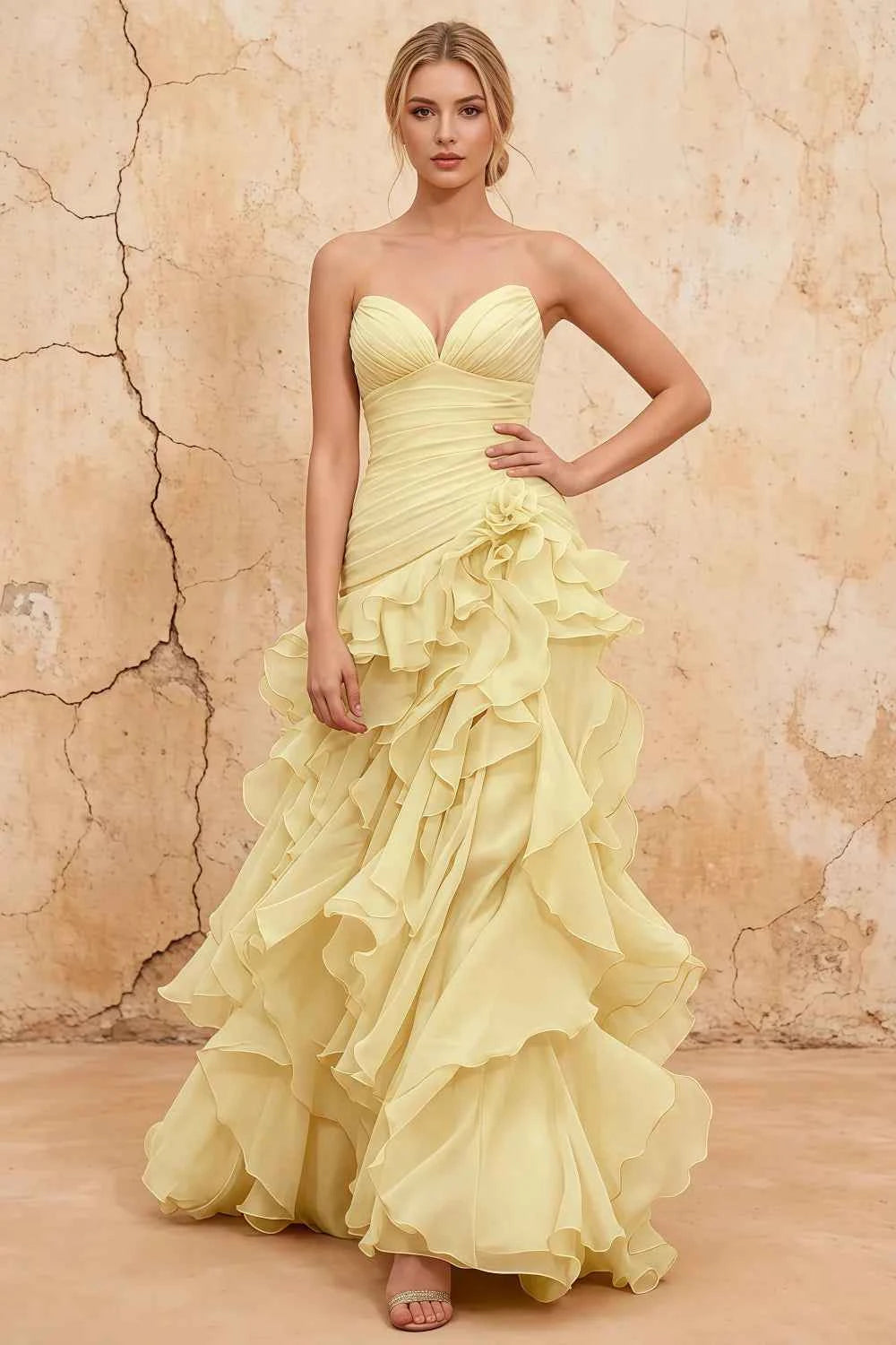 Judith Yellow Sheer Mermaid Ruffle Maxi Dress