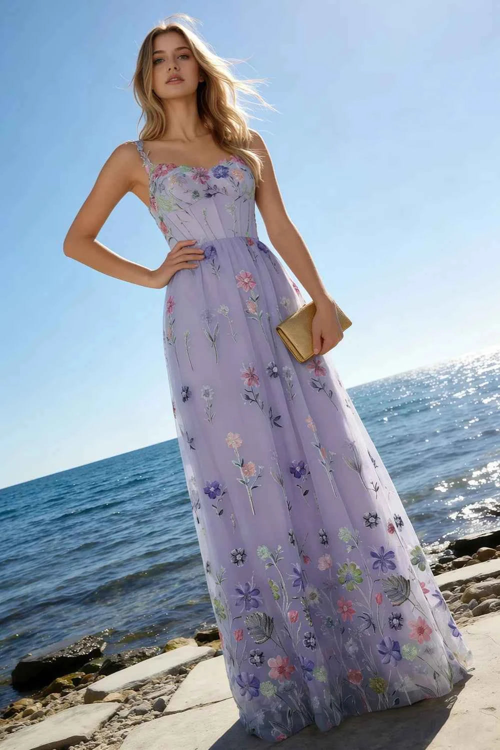 Judy Lavender Sequin Embroidery Beading 3D Flowers Maxi Dress
