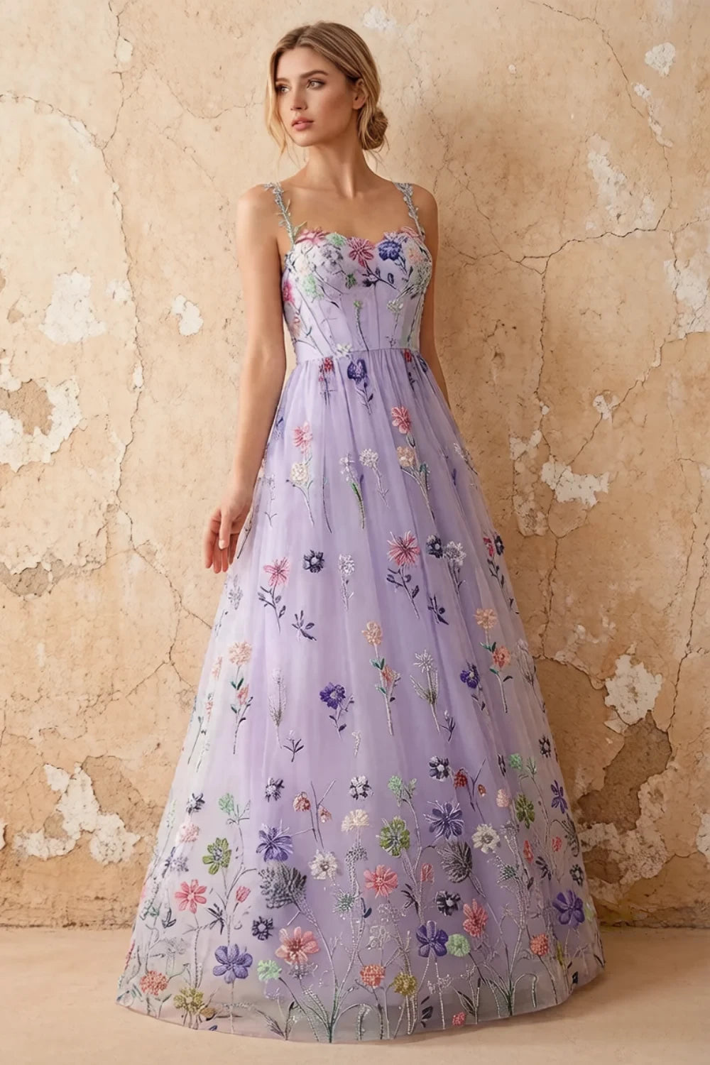Judy Lavender Sequin Embroidery Beading 3D Flowers Maxi Dress