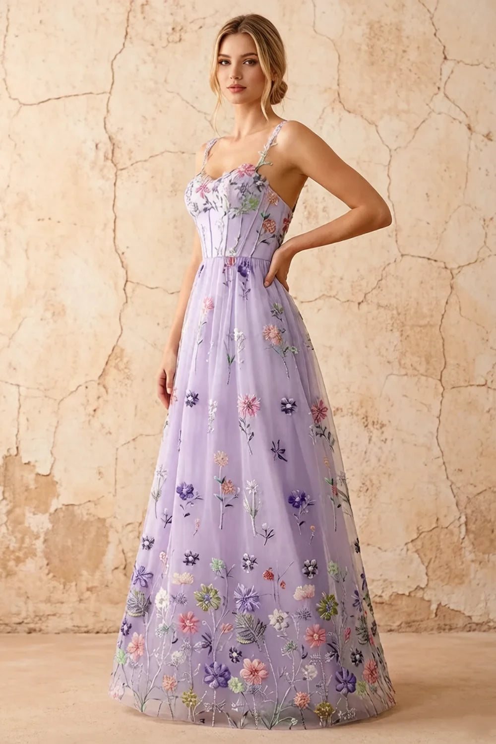 Judy Lavender Sequin Embroidery Beading 3D Flowers Maxi Dress