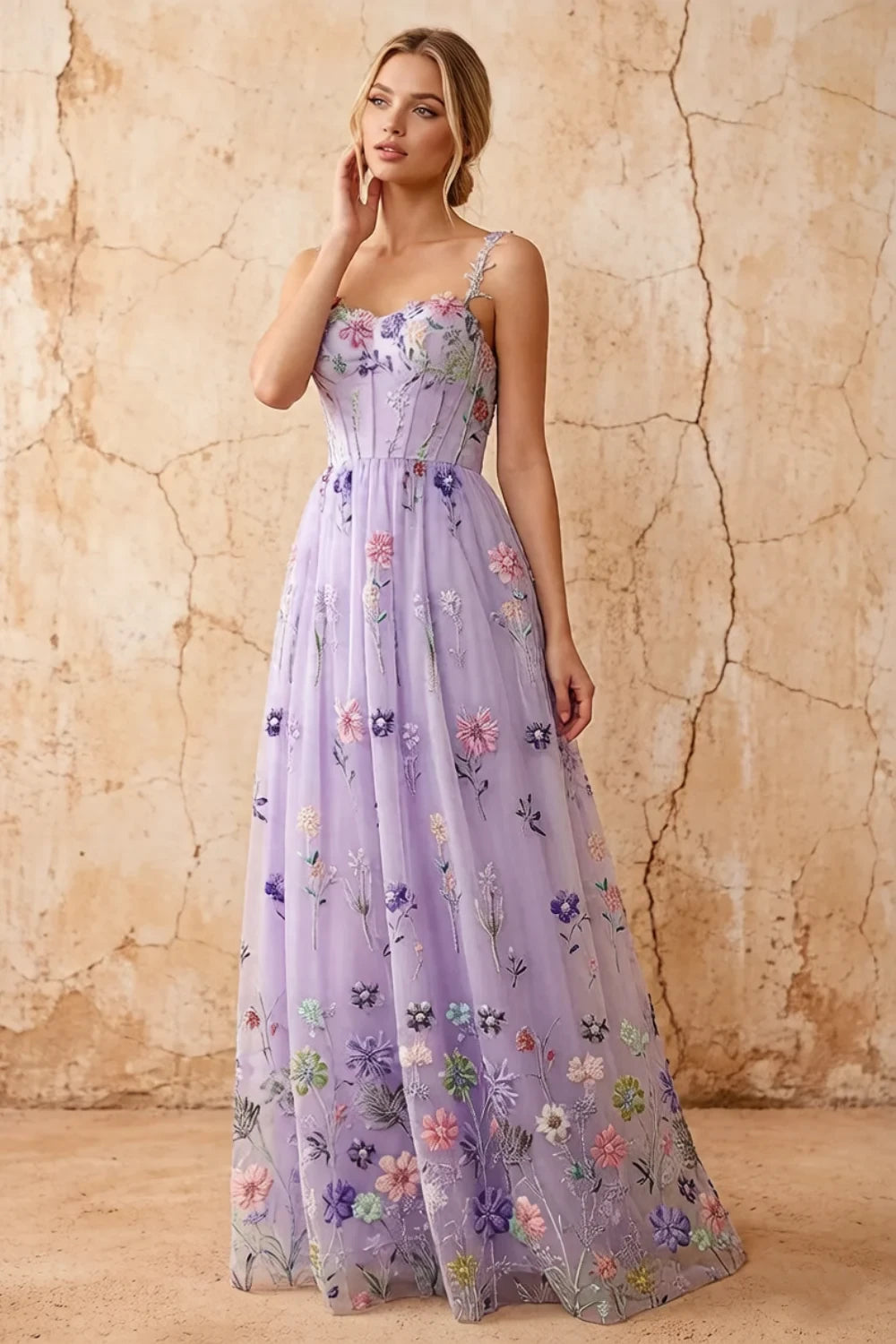 Judy Lavender Sequin Embroidery Beading 3D Flowers Maxi Dress