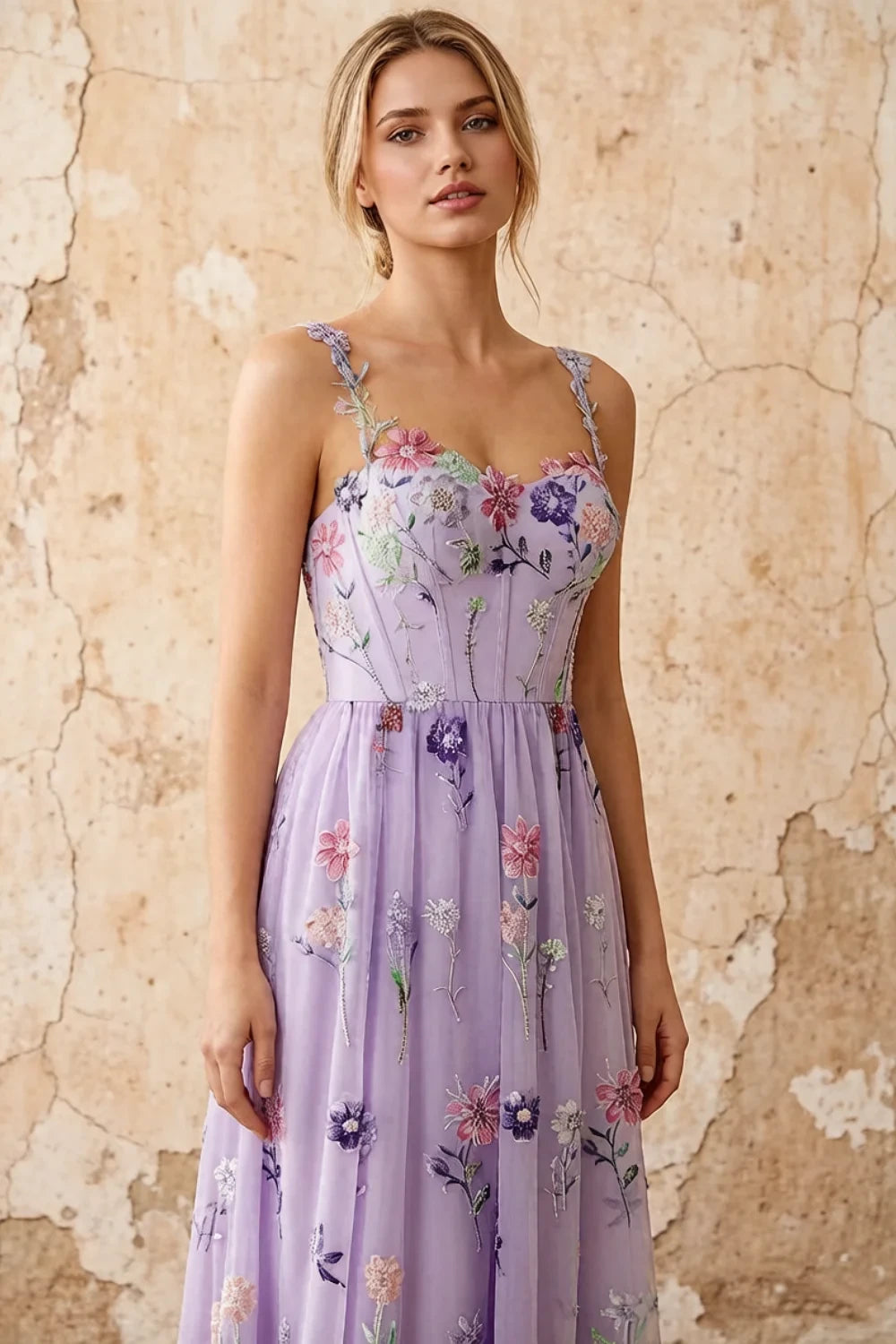Judy Lavender Sequin Embroidery Beading 3D Flowers Maxi Dress