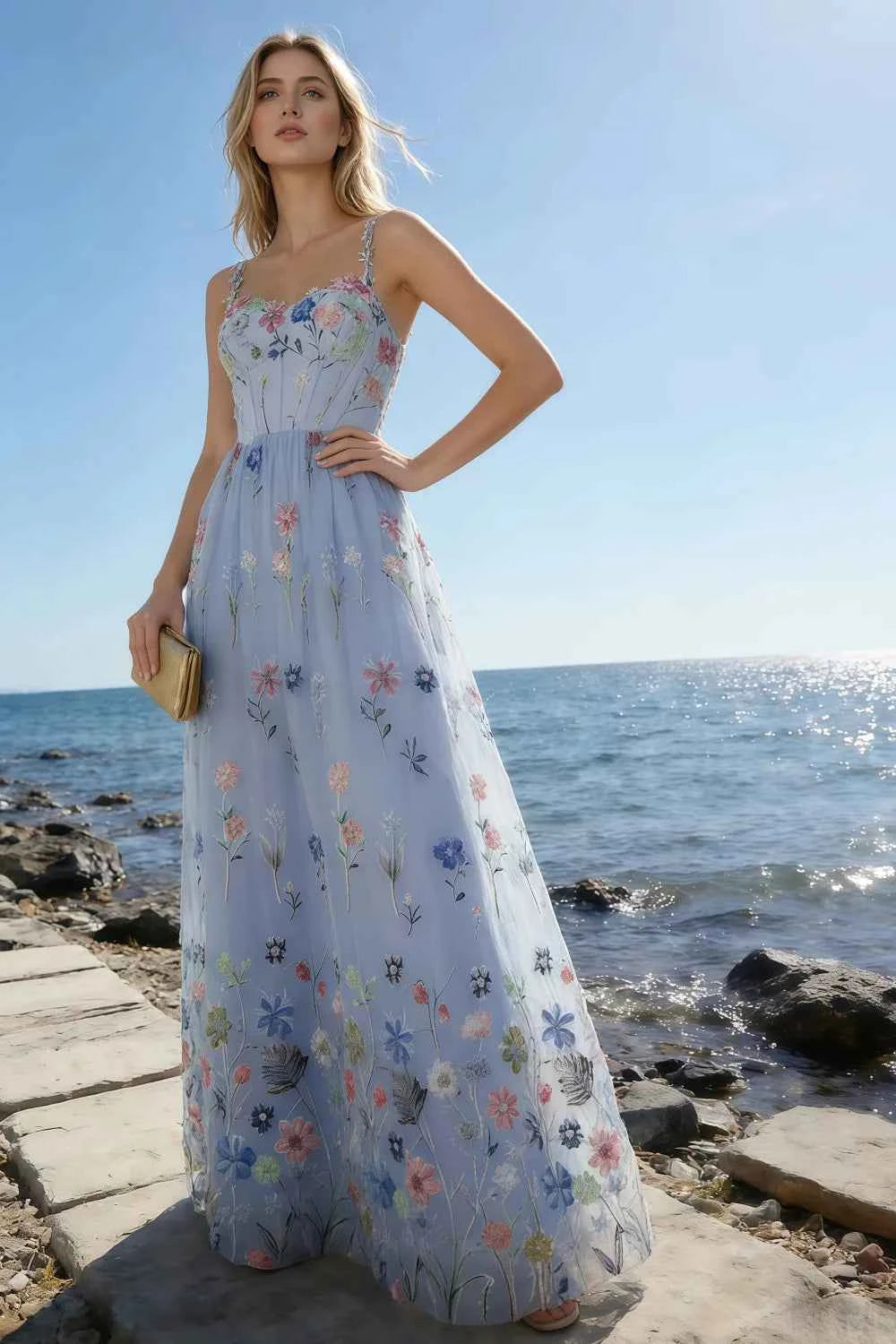 Judy Light Blue Sequin Embroidery Beading 3D Flowers Maxi Dress