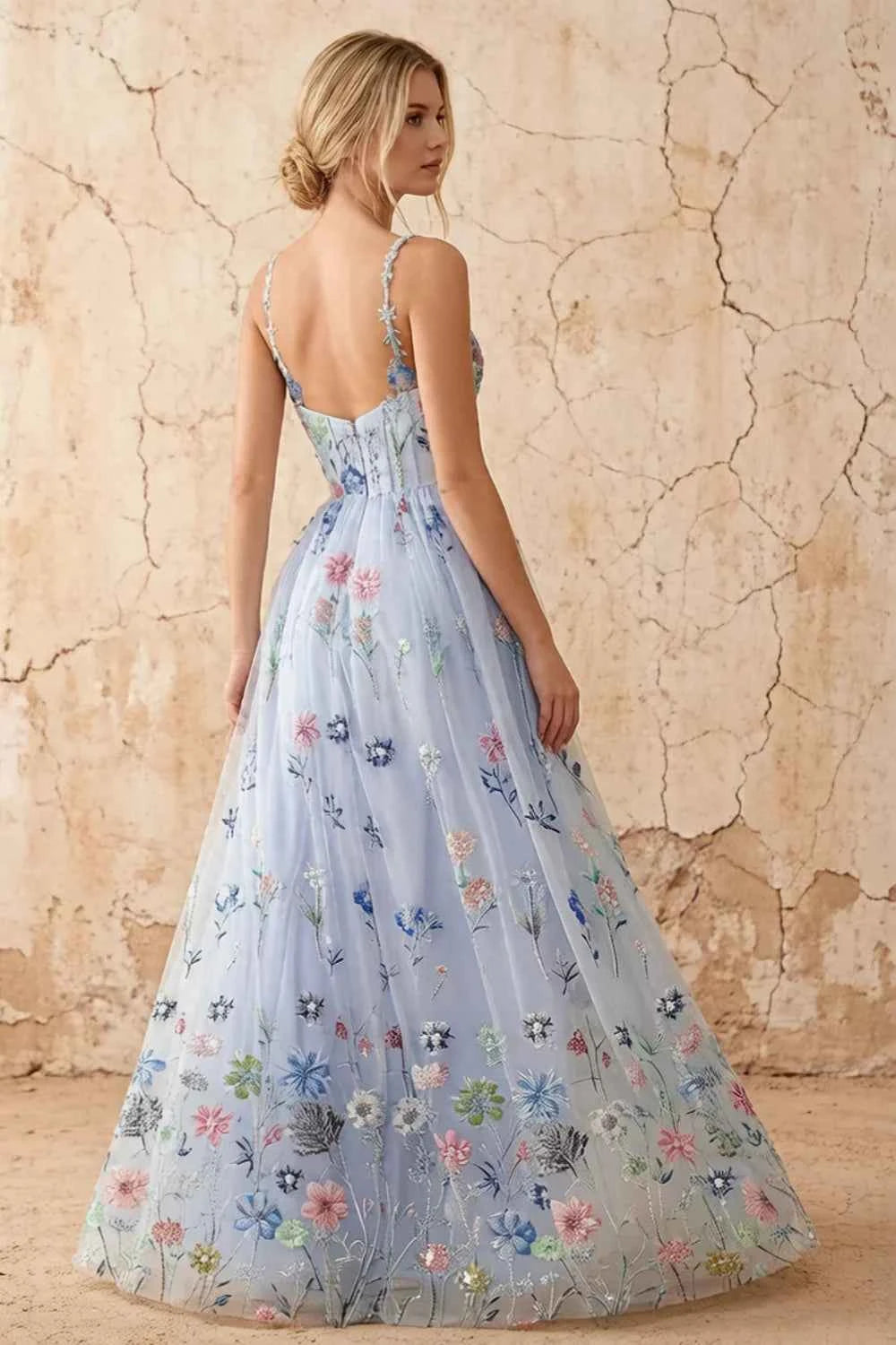 Judy Light Blue Sequin Embroidery Beading 3D Flowers Maxi Dress