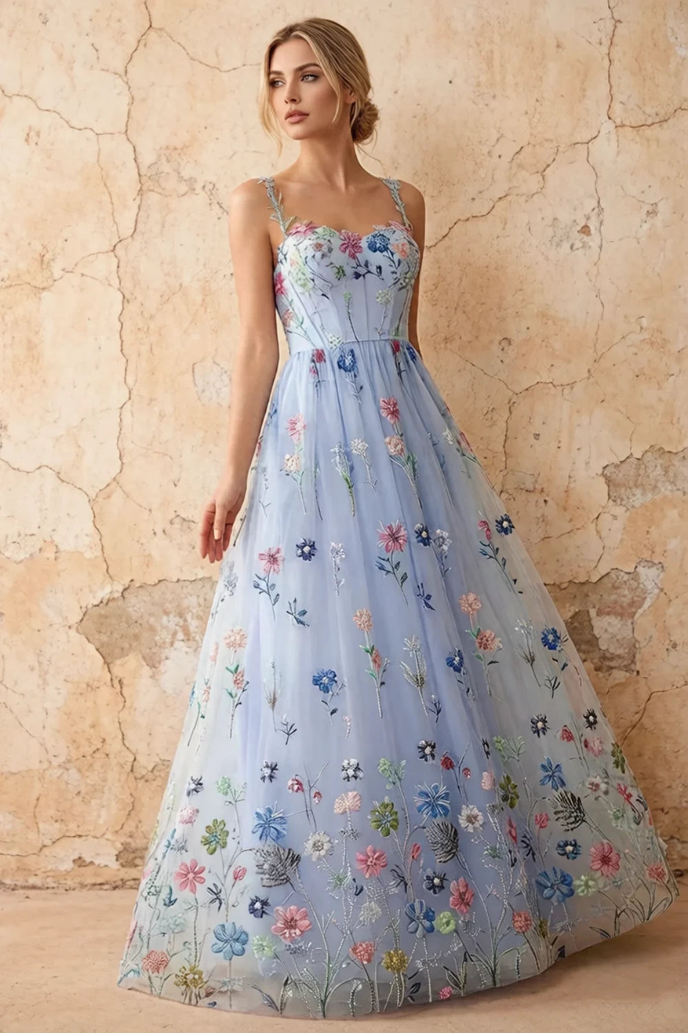 Judy Light Blue Sequin Embroidery Beading 3D Flowers Maxi Dress