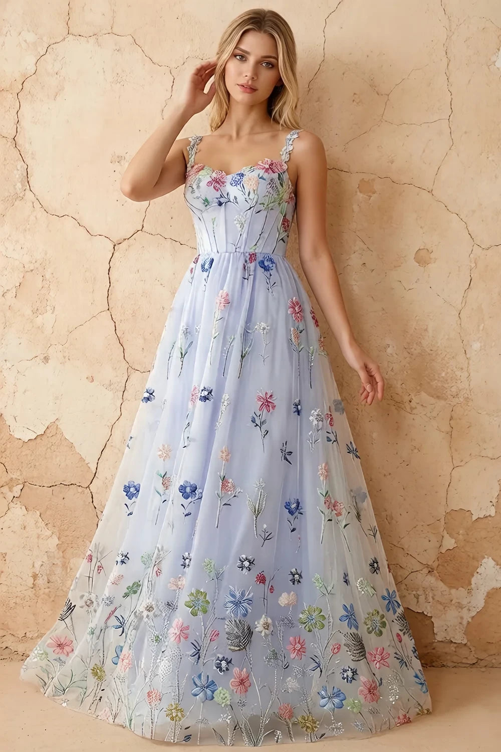 Judy Light Blue Sequin Embroidery Beading 3D Flowers Maxi Dress