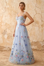 Judy Light Blue Sequin Embroidery Beading 3D Flowers Maxi Dress