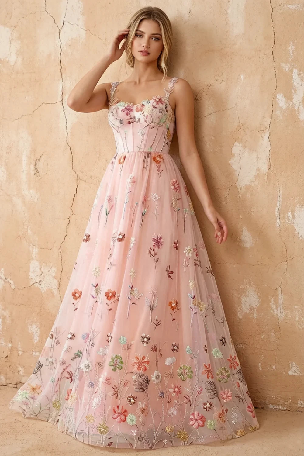 Judy Light Pink Sequin Embroidery Beading 3D Flowers Maxi Dress Imagen principal del producto