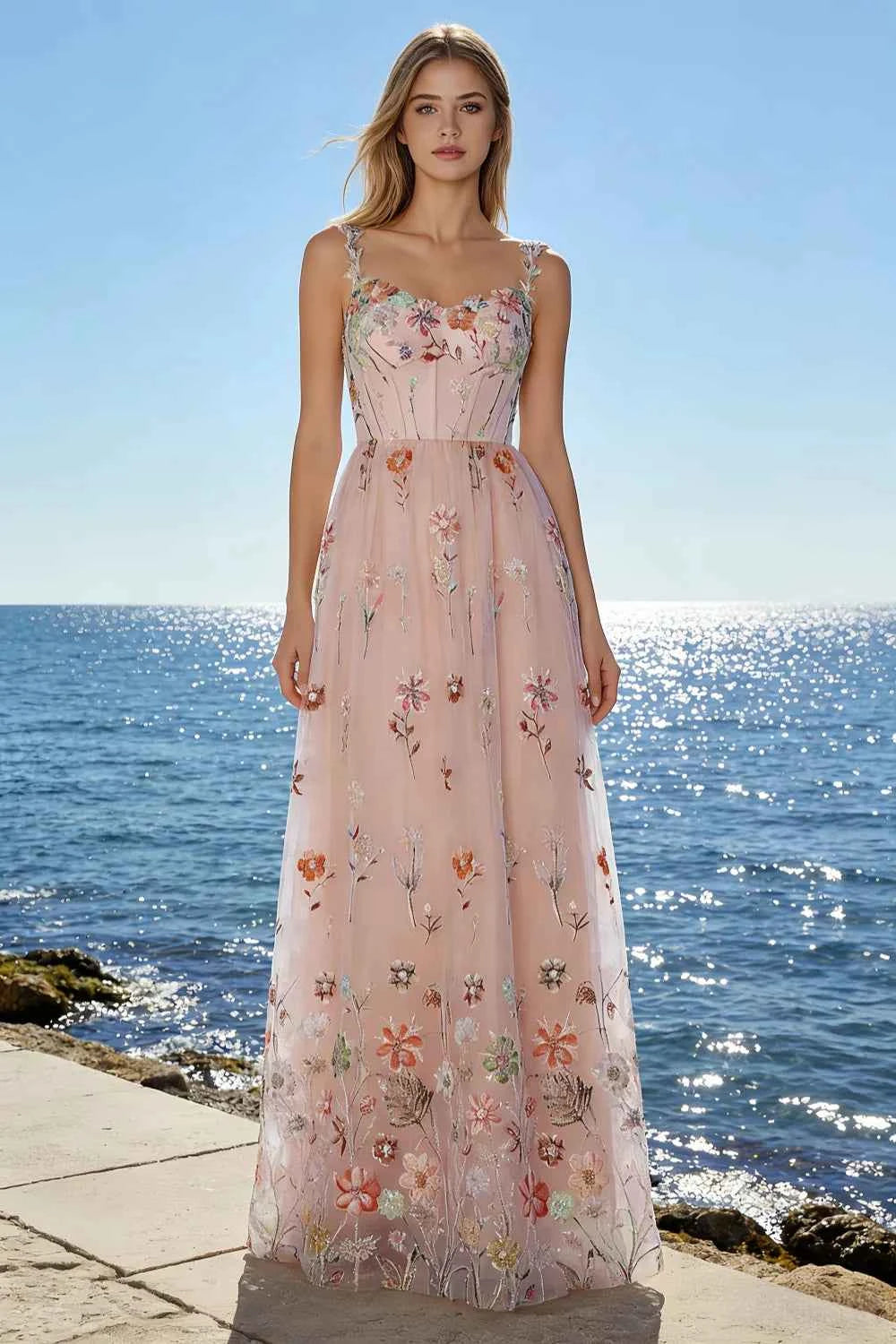 Judy Light Pink Sequin Embroidery Beading 3D Flowers Maxi Dress