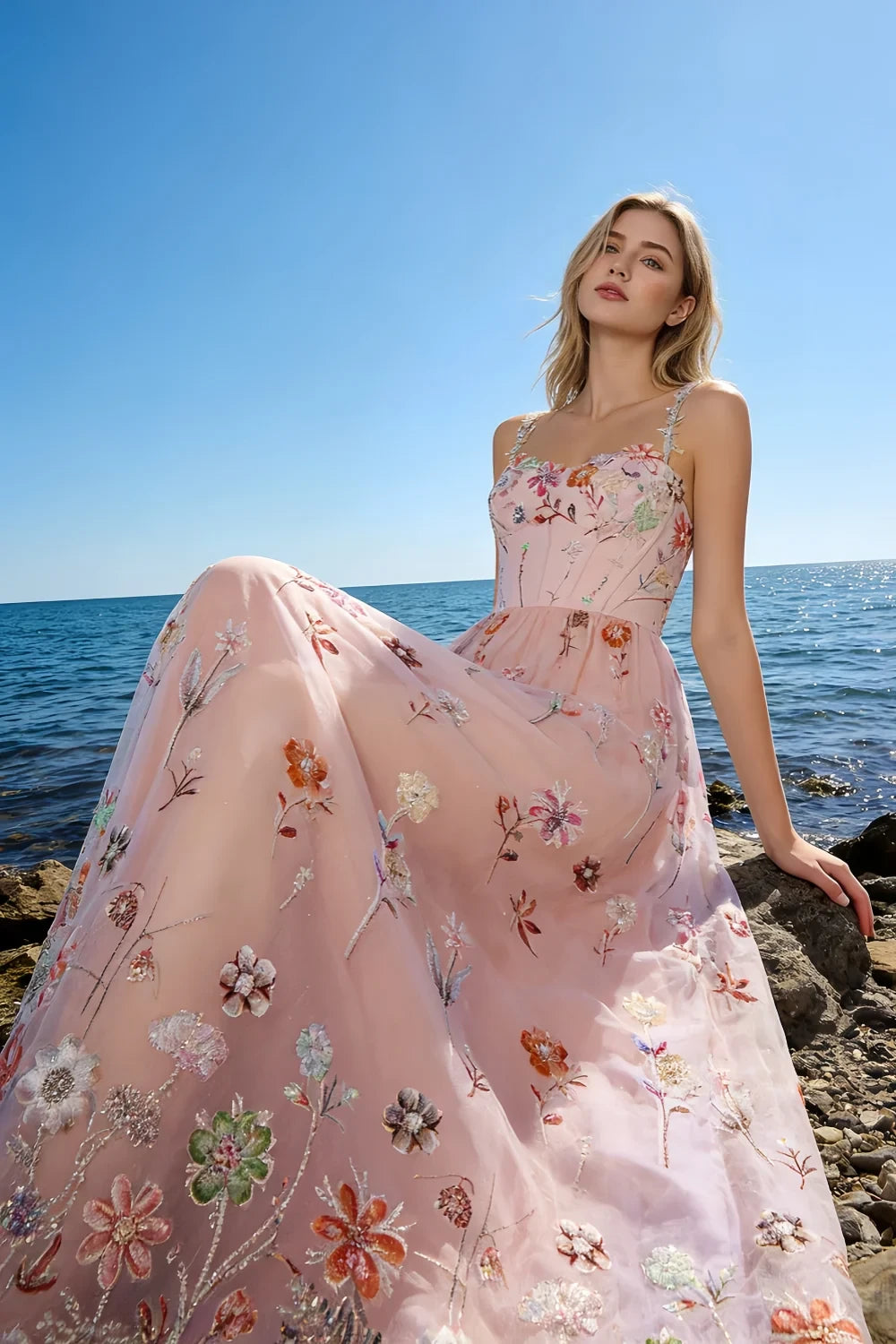 Judy Light Pink Sequin Embroidery Beading 3D Flowers Maxi Dress