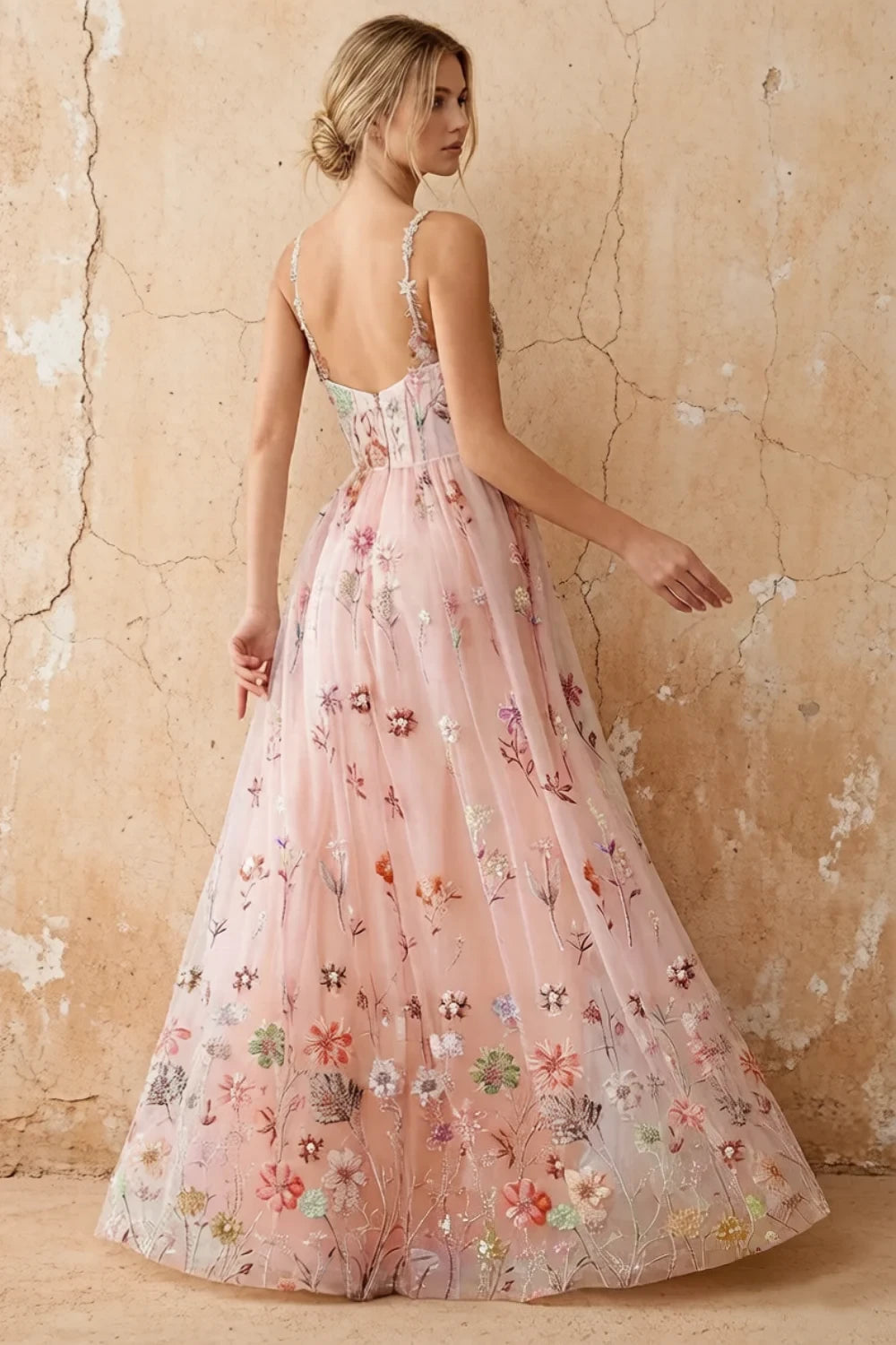 Judy Light Pink Sequin Embroidery Beading 3D Flowers Maxi Dress