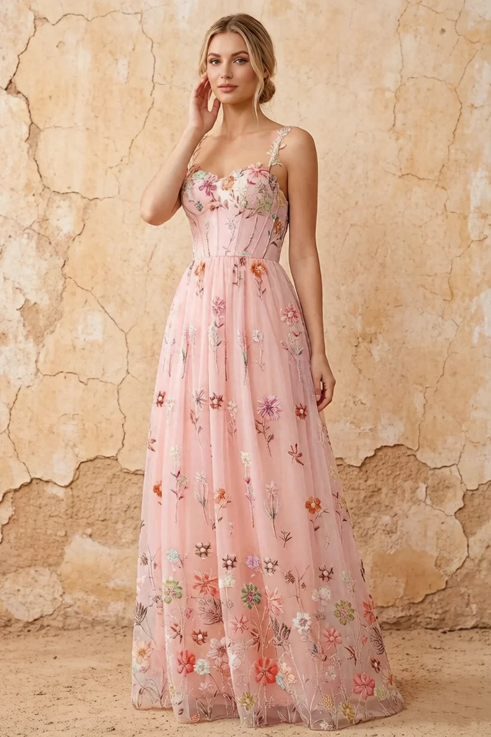 Judy Light Pink Sequin Embroidery Beading 3D Flowers Maxi Dress