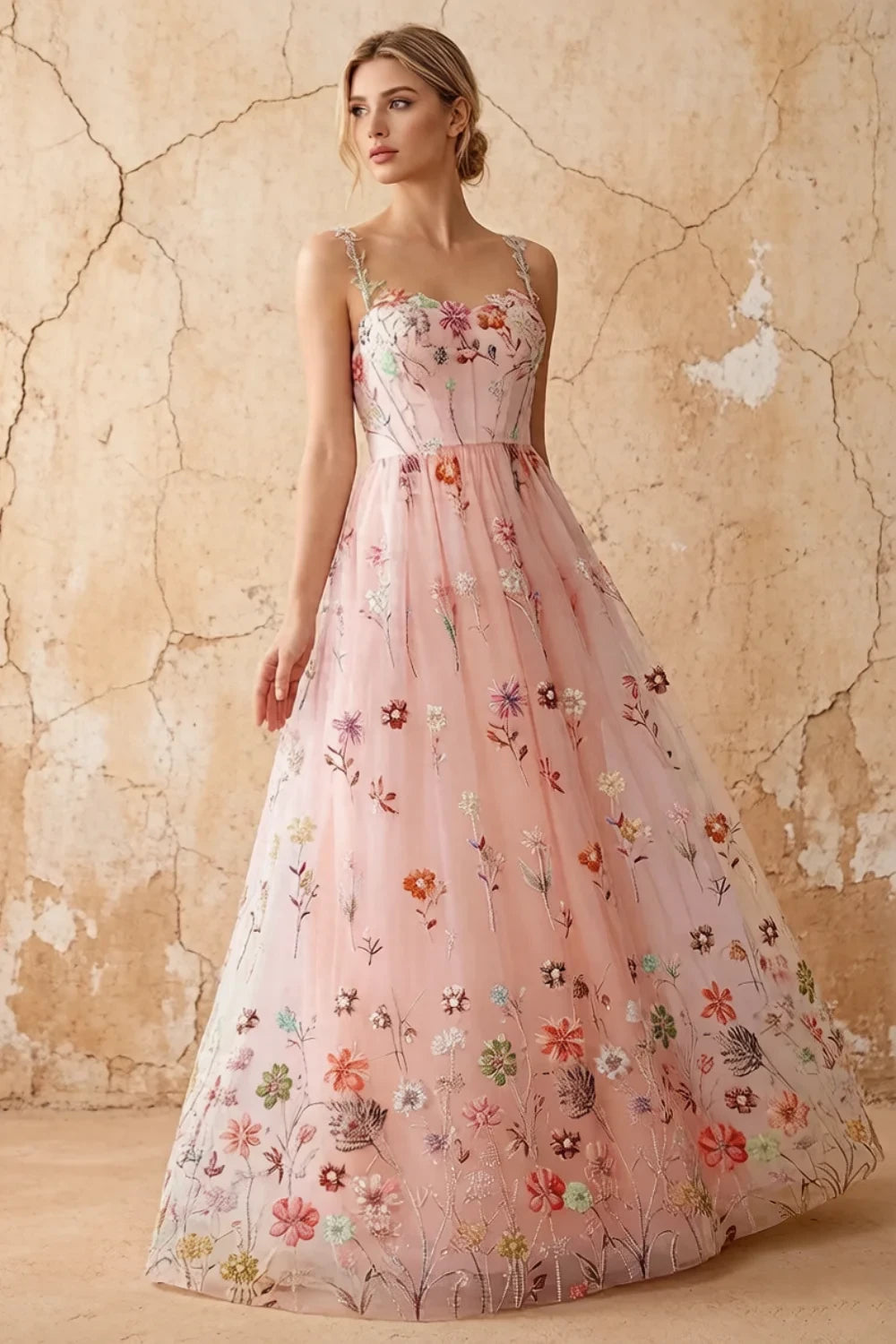 Judy Light Pink Sequin Embroidery Beading 3D Flowers Maxi Dress