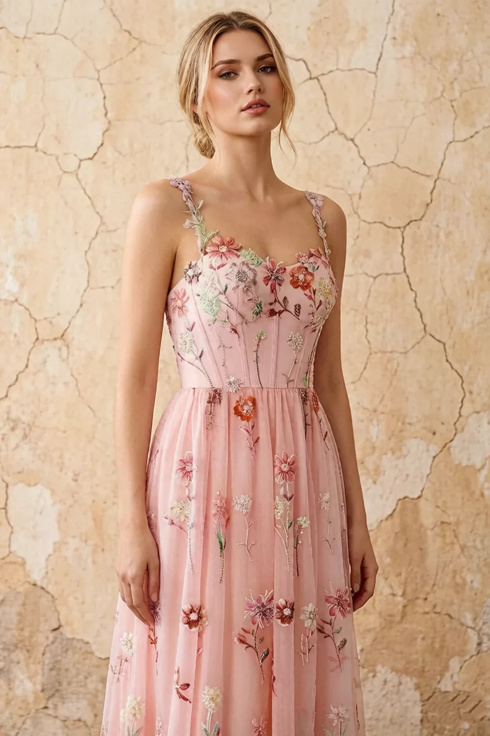 Judy Light Pink Sequin Embroidery Beading 3D Flowers Maxi Dress