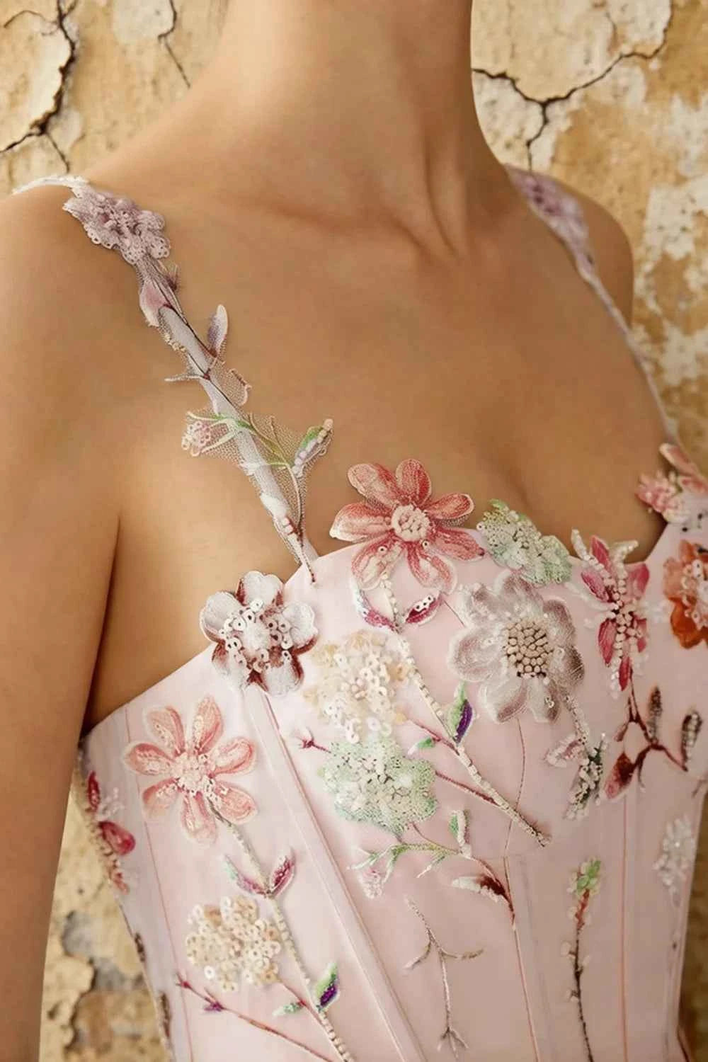 Judy Light Pink Sequin Embroidery Beading 3D Flowers Maxi Dress