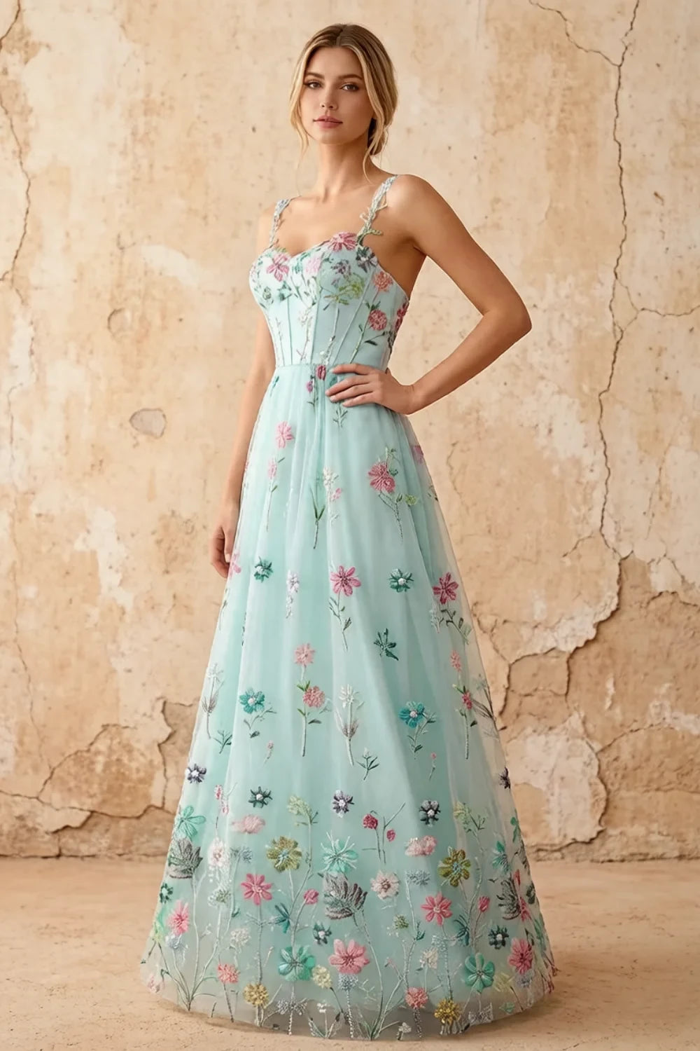 Judy Mint Green Sequin Embroidery Beading 3D Flowers Maxi Dress Imagen principal del producto