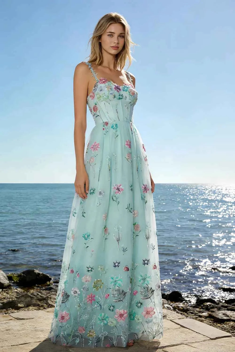 Judy Mint Green Sequin Embroidery Beading 3D Flowers Maxi Dress