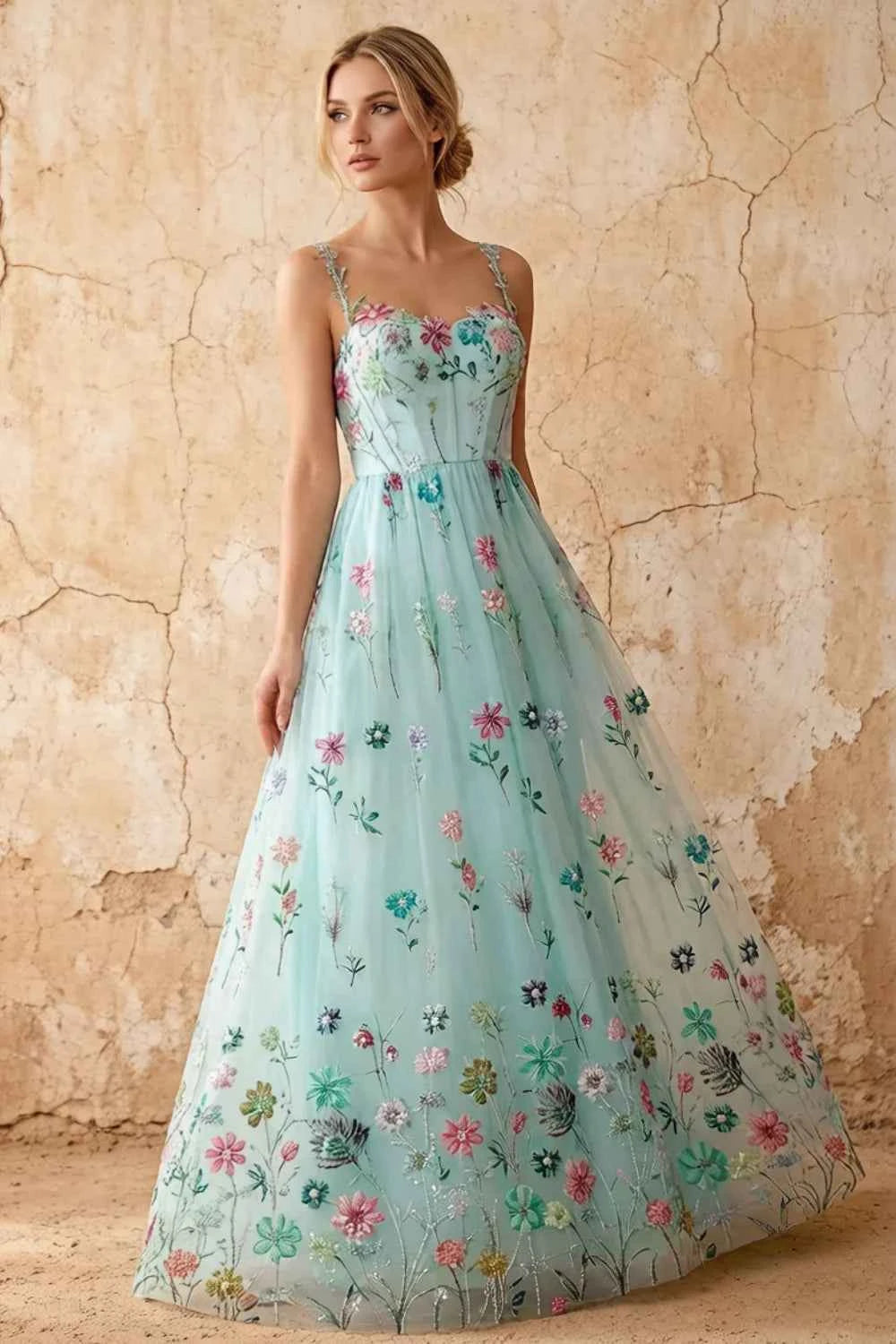 Judy Mint Green Sequin Embroidery Beading 3D Flowers Maxi Dress